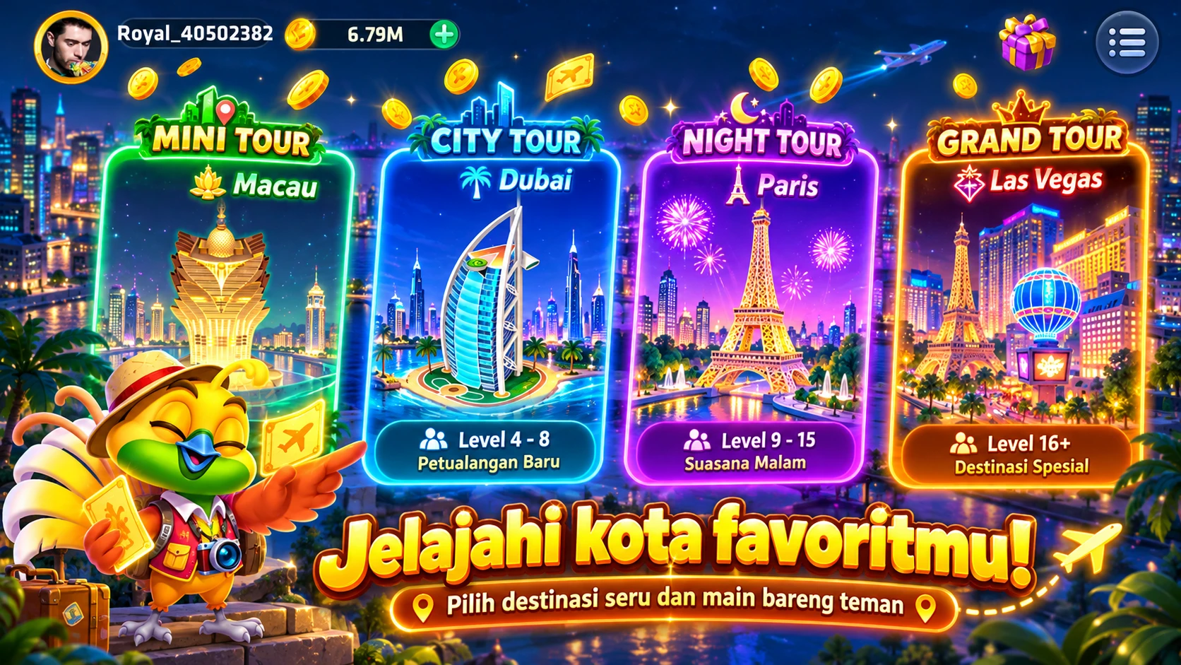 Mode Tur Kota Royal Dream dengan ruang bertema kota dunia